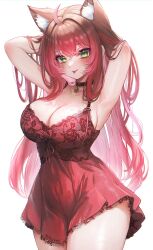  :p ahoge animal_ear_fluff animal_ears armpits arms_up blush breasts brown_hair cat_ears choker cleavage cowboy_shot dress extra_ears female freckles green_eyes highres indie_virtual_youtuber large_breasts long_hair looking_at_viewer multicolored_hair nacu_(vtuber) pendant_choker red_dress red_hair solo tifa_(iluvei) tongue tongue_out two-tone_hair virtual_youtuber white_background 