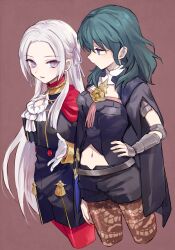  2girls ascot black_shirt black_shorts byleth_(female)_(fire_emblem) byleth_(fire_emblem) cape cropped_legs edelgard_von_hresvelg fire_emblem fire_emblem:_three_houses gauntlets gloves green_hair grey_hair hand_on_own_hip lace_pantyhose long_hair multiple_girls navel pantyhose parted_lips purple_eyes purple_ribbon red_pantyhose ribbon shirt shorts soto white_ascot white_gloves 