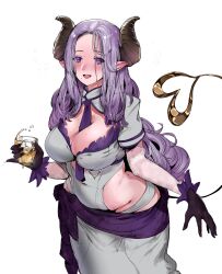  alcohol between_breasts black_gloves blush breasts brown_horns cleavage cleavage_cutout clothing_cutout commentary_request covered_navel cowboy_shot cup demon_girl demon_horns demon_tail drunk female gloves grey_shirt grey_skirt highres hip_vent holding holding_cup honey_strap horns ikada large_breasts long_hair looking_at_viewer mole mole_under_mouth nanashi_inc. necktie necktie_between_breasts open_mouth parted_bangs pointy_ears purple_eyes purple_hair purple_necktie saionji_mary shirt short_sleeves simple_background skirt smile solo tail transparent_background virtual_youtuber whiskey 