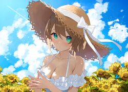  absurdres aogiri_koukou aqua_eyes bare_shoulders blue_sky blush breasts brown_hair brown_hat cleavage closed_mouth cloud cloudy_sky collarbone commentary_request dappled_sunlight day dress female field flower flower_field frilled_dress frills hair_between_eyes hat highres kkix25 kurikoma_komaru large_breasts looking_at_viewer off-shoulder_dress off_shoulder outdoors short_hair sky solo straw_hat sunflower sunflower_field sunlight upper_body virtual_youtuber 