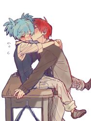  2boys :d absurdres akabane_karma ankle_cuffs ansatsu_kyoushitsu arms_around_neck black_footwear blue_hair blue_vest blush cargo_pants closed_eyes couple desk dlsrkstkfka2 flying_sweatdrops happy highres kissing kissing_cheek kunugigaoka_middle_school_uniform legs_up male_focus multiple_boys nose_blush on_desk own_hands_together pants raised_eyebrows red_hair school_desk school_uniform shiota_nagisa short_twintails simple_background sleeves_rolled_up smile standing sweater twintails vest white_background yaoi 