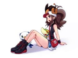  arm_support bag baseball_cap brown_hair chimosaku commentary_request denim denim_shorts duplicate female handbag hat highres hilda_(pokemon) legs looking_at_viewer open_mouth oshawott pixel-perfect_duplicate pokemon pokemon_(creature) pokemon_bw ponytail shorts sitting snivy starter_pokemon_trio tepig 