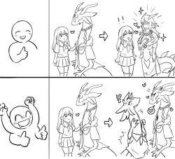  before_and_after black_and_white blush cheering clothed clothing comparison cute_fangs dragon duo exclamation_point female feral gajinka gesture hair hand_gesture heart_symbol hi_res human humanoid interspecies long_hair male mammal monochrome mythological_creature mythological_scalie mythology open_mouth question_mark scalie sharp_teeth simple_background speech_bubble surprise surprised_expression takekono teeth thumbs_up transformation white_background 