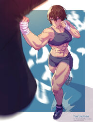  abs black_shorts black_sports_bra blue_eyes border boxing brown_hair character_name commentary english_commentary female hand_wraps highres muscular muscular_female pink_trim punching_bag rejean_dubois saotome_senshu_hita_kakusu saotome_yae shoes short_hair shorts sneakers solo sports_bra sportswear tomboy white_border 