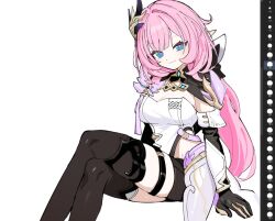  black_gloves black_shorts blue_eyes breasts cleavage clothing_cutout corset crossed_legs elbow_gloves elf elysia_(honkai_impact) elysia_(miss_pink_elf)_(honkai_impact) female gloves hair_ornament honkai_(series) honkai_impact_3rd kokaki_mumose large_breasts long_hair looking_at_viewer pink_hair pointy_ears short_shorts shorts side_cutout smile solo thigh_strap thighs unfinished white_background white_corset 