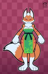  anthro arm_tuft asian_clothing barefoot belt big_tail black_belt black_nose black_sash breasts canid canine checkered checkered_background chinese_clothing chinese_dress chonzo cleavage closed_eyes clothed clothing dress east_asian_clothing exposed_thighs eyeshadow feet female fox fox_tail fur gloves_(marking) green_clothing green_dress head_tuft hi_res leg_markings makeup mammal mane markings maroon_background mature_female multicolored_body orange_body orange_fur pattern_background red_background red_body red_fur sash shoulder_tuft simple_background socks_(marking) solo tail thick_thighs true_fox tuft vulpei_zorra watermark white_body white_fur 