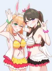  2girls ;d ;p \\// \m/ animal_ear_hairband animal_ears bikini bikini_skirt blush bracelet breasts brown_hair cleavage closed_mouth commentary cosplay cowboy_shot earrings fake_animal_ears frilled_bikini frills fujishima_megumi grey_background grin hairband hand_on_another&#039;s_back hand_on_another&#039;s_head highres hinoshita_kaho hood hooded_jacket jacket jewelry kosaka_honoka kosaka_honoka_(cosplay) large_breasts link!_like!_love_live! long_hair love_live! love_live!_school_idol_project medium_breasts midriff multiple_girls natsuiro_egao_de_1_2_jump! navel official_alternate_costume one_eye_closed open_clothes open_jacket pinstripe_bikini purple_eyes rabbit_ear_hairband rabbit_ears simadaburyu simple_background sleeveless sleeveless_jacket smile star_(symbol) star_earrings swimsuit tongue tongue_out two_side_up virtual_youtuber white_bikini white_jacket yazawa_nico yazawa_nico_(cosplay) yellow_bikini 