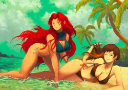  2girls algro778 beach bikini binah_(project_moon) black_bikini black_eyes black_hair blonde_hair bra bush cleavage_cutout clothing_cutout earrings gebura_(project_moon) grey_eyes heart heterochromia highres jewelry lobotomy_corporation long_hair multicolored_hair multiple_girls palm_tree project_moon red_hair scar scar_across_eye scar_on_face sidelocks single_earring streaked_hair swimsuit tree underwear water white_bikini yellow_eyes 