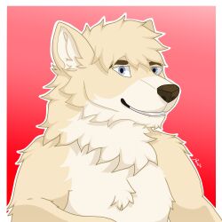  absurd_res anthro arm_tuft brown_nose canid canine canis cheek_tuft chest_tuft digital_drawing_(artwork) digital_media_(artwork) ear_tuft elbow_tuft facial_tuft fluffy fluffybean12 fur grey_eyes hi_res inner_ear_fluff male mammal multicolored_body multicolored_fur red_background shaded shoulder_tuft simple_background smile solo tan_body tan_fur tan_inner_ear tan_inner_ear_fluff tuft two_tone_body two_tone_fur wolf 