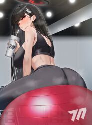  absurdres ass ball bare_shoulders black_hair black_halo blue_archive breasts ceiling_light drink exercise_ball female hair_ornament halo highres hime_cut holding holding_drink huge_breasts indoors long_hair looking_at_viewer looking_back mijikayo millennium_science_school_logo mirror pants pantylines red_eyes rio_(blue_archive) sitting sitting_on_object solo sports_bra sweat yoga_pants 