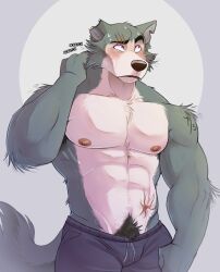  abdominal_scar anthro beastars biceps blush bodily_fluids bottomwear canid canine canis clothed clothing eyebrow_scar eyebrows facial_scar hand_on_neck hi_res legoshi_(beastars) male mammal muscular muscular_anthro muscular_male nervous nervous_sweat nipples notched_ear pants pecs pubes scar scratching solo sweat sweatdrop thediyemi topless topless_anthro topless_male wolf 