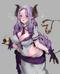  alcohol between_breasts black_gloves blush breasts brown_horns cleavage cleavage_cutout clothing_cutout commentary_request covered_navel cowboy_shot cup demon_girl demon_horns demon_tail drunk female gloves grey_background grey_shirt grey_skirt highres hip_vent holding holding_cup honey_strap horns ikada large_breasts long_hair looking_at_viewer mole mole_under_mouth nanashi_inc. necktie necktie_between_breasts open_mouth parted_bangs pointy_ears purple_eyes purple_hair purple_necktie saionji_mary shirt short_sleeves simple_background skirt smile solo tail virtual_youtuber whiskey 