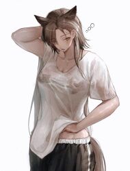  alternate_costume animal_ears arknights black_pants bra_visible_through_clothes breasts brown_hair casual cleavage commentary cowboy_shot donata_(donatasama) english_commentary expressionless female hair_over_one_eye hand_on_own_head hand_under_clothes hand_under_shirt highres long_hair looking_at_viewer medium_breasts mole mole_above_eye open_mouth pants parted_bangs penance_(arknights) see-through see-through_shirt shirt short_sleeves simple_background solo standing straight_hair sweatpants t-shirt tail white_background white_shirt wolf_ears wolf_girl wolf_tail yellow_eyes 