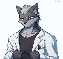  anthro black_clothing black_shirt black_topwear canid canine canis clothing coat dark_body endjfcar fur grey_body grey_eyes grey_fur hair hi_res lab_coat male mammal mohawk pens shirt solo topwear wolf 