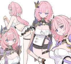  ass back bikini bikini_skirt black_shorts blue_eyes breasts cleavage closed_mouth clothing_cutout commentary_request corset cropped_legs elf elysia_(honkai_impact) elysia_(miss_pink_elf)_(honkai_impact) elysia_(summer_miss_elf)_(honkai_impact) female from_side headband honkai_(series) honkai_impact_3rd kokaki_mumose large_breasts long_hair looking_at_viewer multiple_views open_mouth pink_hair pink_pupils pointy_ears sandals short_shorts shorts side_cutout smile swimsuit thigh_strap thighs white_background white_bikini white_corset white_headband 