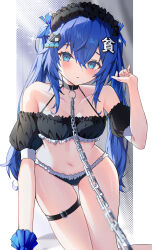  absurdres alternate_costume alternate_hairstyle bikini black_bikini black_choker black_hairband black_sleeves blue_eyes blue_hair blush breasts cat_hair_ornament chain_leash chains choker closed_mouth commentary_request detached_sleeves feet_out_of_frame female frilled_bikini frilled_hairband frills hair_between_eyes hair_ornament hairband hand_up highres kaminose_(user_veum4325) kanji_hair_ornament leash long_bangs long_hair looking_at_viewer navel puffy_detached_sleeves puffy_sleeves sidelocks small_breasts solo swimsuit thigh_strap touhou twintails very_long_hair viewer_holding_leash yorigami_shion 