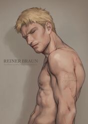  1boy arm_hair bara beard_stubble blonde_hair brown_background character_name closed_eyes closed_mouth commentary cropped english_commentary facial_hair from_side highres looking_at_viewer male_focus muscular muscular_male mustache_stubble navel nipples nude pectorals photo-referenced pocketbee reiner_braun shingeki_no_kyojin short_hair signature solo stubble twitter_username upper_body 