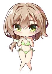  bare_arms bare_legs bikini blush brown_hair cameltoe chibi closed_mouth collarbone commentary_request eyes_visible_through_hair female full_body green_bikini green_eyes hair_between_eyes hair_intakes halterneck hands_up highres long_hair looking_at_viewer low_side_ponytail mikuni_sairi navel o-ring o-ring_bikini o-ring_bottom o-ring_top own_hands_together raised_eyebrows sanpaku second-party_source sesen2000 shy side-tie_bikini_bottom solo standing steepled_fingers swimsuit tenshi_souzou_re-boot! thick_eyebrows thigh_gap thighs wavy_mouth 