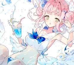  bikini blue_archive blue_bow blue_bowtie blue_hair blush bow bowtie breasts character_name collarbone cup double_bun female floating_hair food frills hair_bun holding holding_cup ice_cream long_hair low_wings mika_(blue_archive) navel pink_hair sailor_collar scrunchie solo soriya stomach sundae swimsuit twitter_username white_bikini white_wings wings wrist_scrunchie 