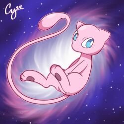  2024 ambiguous_gender blue_eyes cosmic_background cybeeyoru generation_1_pokemon glowing glowing_body hi_res legendary_pokemon mew_(pokemon) nintendo pawpads pink_body pink_pawpads pink_tail pokemon pokemon_(species) solo space starry_background tail 