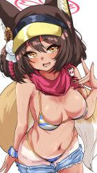  animal_ears bikini blue_archive blush female fox_ears fox_shadow_puppet fox_tail halo highres izuna_(blue_archive) izuna_(swimsuit)_(blue_archive) machismo_fuji micro_bikini midriff navel presenting_tanlines red_scarf scarf sweat swimsuit tail tan tanlines yellow_eyes 