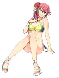  akatsuki_no_kiseki bare_arms bare_legs bikini bracelet breasts brown_eyes cleavage criss-cross_halter eiyuu_densetsu female flower full_body hair_flower hair_ornament halterneck head_tilt highres jewelry jpeg_artifacts large_breasts long_hair official_art parted_lips red_flower red_hair sara_valestein sen_no_kiseki_(series) sen_no_kiseki_i side-tie_bikini_bottom side_ponytail simple_background solo swimsuit tachi-e third-party_source white_background white_flower yellow_bikini 