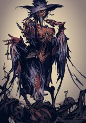  beak black_hair breasts brown_background covered_nipples cross cross_necklace darkest_dungeon digitigrade exposed_muscle extra_eyes feathers female full_body highres horror_(theme) jewelry juerucj looking_at_viewer monster_girl necklace shrieker_(darkest_dungeon) skull spine talons unworn_jewelry unworn_necklace 