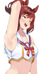  absurdres animal_ears arm_behind_head arm_up armpits brown_eyes brown_hair cheerleader collarbone commentary_request crop_top female highres horse_ears horse_girl midriff multicolored_hair nice_nature_(run&amp;win)_(umamusume) nice_nature_(umamusume) one_eye_closed open_mouth partial_commentary pirukusu shirt simple_background solo sweat umamusume upper_body white_background white_shirt 