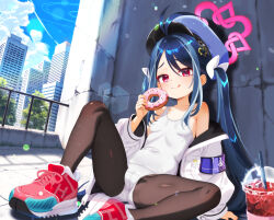  antenna_hair blue_archive covered_nipples doughnut female food fubuki_(blue_archive) hair_ornament halo hat highres jacket mutsuse off_shoulder one-piece_swimsuit open_clothes outdoors pink_halo police_hat purple_armband red_eyes red_footwear smile solo spread_legs swimsuit tongue tongue_out twintails white_jacket white_one-piece_swimsuit 