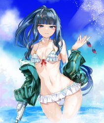  bikini black_hair blue_hair colored_inner_hair fate/grand_order fate_(series) frilled_bikini frills green_jacket grey_eyes hair_ornament hairpin highres jacket multicolored_clothes multicolored_hair multicolored_jacket navel off_shoulder panda=hiro ponytail round_eyewear smile sunglasses swimsuit tenochtitlan_(fate) tenochtitlan_(swimsuit_mooncancer)_(fate) thighs two-tone_hair two-tone_jacket water water_gun white_bikini 