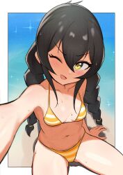  absurdres bare_shoulders bikini black_hair blush border braid breasts collarbone commentary_request cowboy_shot female hair_between_eyes hand_on_ground highres idolmaster idolmaster_cinderella_girls idolmaster_cinderella_girls_u149 long_hair matoba_risa navel nyubebe one_eye_closed open_mouth orange_bikini outside_border selfie sitting small_breasts solo stomach striped_bikini striped_clothes sweat swimsuit twin_braids white_bikini white_border yellow_eyes 