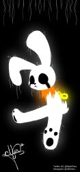  2024 :&lt; agonia_(nyanfurry) animate_inanimate black_background black_nose black_pawpads black_tears bodily_fluids clothing colored digital_media_(artwork) empty_eyes glowing glowing_body glowing_ears glowing_tail hi_res lagomorph leporid lineless living_plushie male mammal neckwear nyanfurry orange_clothing orange_neckwear pawpads plushie rabbit scut_tail short_tail signature simple_background solo tail tears twitter_handle white_body white_ears white_tail wind-up_key 