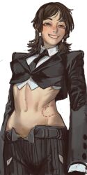  bite_mark black_jacket black_necktie black_pants breasts brown_eyes brown_hair chainsaw_man cropped_jacket cropped_shirt dress_pants dress_shirt female grin highres jacket low-tied_sidelocks medium_breasts midriff mifune_fumiko mossacannibalis navel necktie open_fly pants shirt simple_background smile solo suit_jacket teeth unzipped white_background white_shirt 