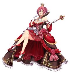  :d akatsuki_no_kiseki breasts brown_eyes cleavage cosplay crossed_legs crown dress eiyuu_densetsu female full_body gloves hair_between_eyes high_heels highres jpeg_artifacts large_breasts layered_dress mini_crown official_art open_mouth queen_of_hearts_(alice_in_wonderland) queen_of_hearts_(alice_in_wonderland)_(cosplay) red_dress red_hair sara_valestein sen_no_kiseki_(series) sen_no_kiseki_i short_hair simple_background smile solo third-party_source white_background white_gloves 