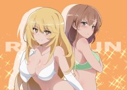  2girls back-to-back bikini blonde_hair blush breasts brown_eyes brown_hair cleavage collarbone commentary copyright_name elbow_gloves frown gloves green_bikini hair_between_eyes hair_ornament hairclip hand_on_own_chest large_breasts lizta long_hair looking_at_viewer looking_back misaka_mikoto multiple_girls orange_background shokuhou_misaki short_hair simple_background small_breasts smile sparkle_background sparkling_eyes swimsuit toaru_kagaku_no_railgun toaru_majutsu_no_index upper_body white_bikini white_gloves yellow_eyes 