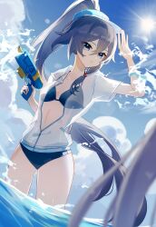  bikini blue_bikini blue_eyes blue_sky breasts female fu_hua grey_hair hair_between_eyes high_ponytail highres holding holding_water_gun honkai_(series) honkai_impact_3rd jacket long_hair official_alternate_costume outdoors partially_open_jacket qiu_cheng see-through see-through_jacket sky small_breasts sun swimsuit thighs visor_cap wading water water_gun 