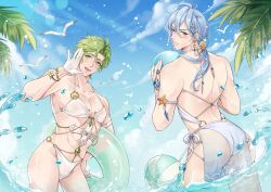  2boys animal arm_up armlet ass back ball bare_shoulders beachball bikini bird bishounen blue_eyes blue_gemstone blue_hair blush bracelet chest_jewel chinese_commentary cloud collarbone commentary ear_piercing earrings edmond_(nu_carnival) flower_ornament gem gloves green_eyes green_gemstone green_hair green_innertube hair_ornament hand_on_own_hip highres holding holding_ball holding_beachball holding_swim_ring in_water innertube jewelry light_rays long_hair looking_back male_focus manboobs multiple_boys nu_carnival olivine_(nu_carnival) open_mouth palm_leaf parted_lips pectorals piercing ring sarong seagull shell_hair_ornament smile starfish_hair_ornament summer sunlight swim_ring swimsuit teeth tongue upper_teeth_only water water_drop waving white_bikini white_gloves xun1948637 