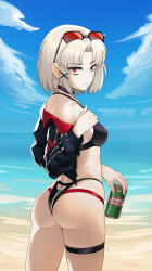  absurdres alternate_costume ass beach beer_can bikini black_bikini black_choker black_jacket blue_sky breasts can choker closed_mouth cloud cloudy_sky commentary cowboy_shot cropped_jacket drake_(nikke) drink_can english_commentary eyelashes eyewear_on_head female from_behind frown goddess_of_victory:_nikke grey_hair highres holding holding_can jacket looking_at_viewer looking_back medium_breasts multi-strapped_bikini_bottom ocean off_shoulder open_clothes open_jacket parted_bangs red-tinted_eyewear red_eyes short_hair skindentation sky solo standing swimsuit syde_b thigh_strap tinted_eyewear twisted_torso wet 