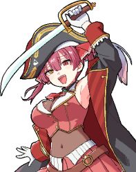  a-ka bare_shoulders black_coat black_hat black_leotard coat covered_navel cropped_jacket female hat holding holding_sword holding_weapon hololive houshou_marine houshou_marine_(1st_costume) jacket leotard long_hair navel off_shoulder open_mouth pirate_hat pixel_art pleated_skirt red_eyes red_hair red_jacket red_skirt see-through see-through_leotard simple_background skirt sleeveless sleeveless_jacket solo sword teeth transparent_background twintails upper_teeth_only virtual_youtuber weapon yellow_eyes 