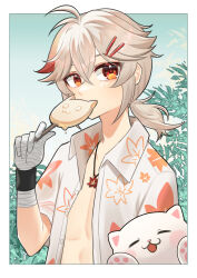  1boy bandaged_hand bandages commentary eating english_commentary feline food genshin_impact hair_between_eyes hair_ornament hairclip highres holding holding_food holding_ice_cream holding_popsicle ice_cream japanese_clothes kaedehara_kazuha kuro_tsubasa leaf_print male_focus maple_leaf_print multicolored_hair open_clothes open_shirt ponytail popsicle red_eyes red_hair shirt solo streaked_hair white_fur white_hair white_shirt 