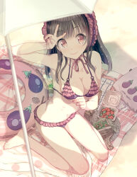  adjusting_clothes adjusting_swimsuit barefoot beach bikini blanket bonnet breasts brown_hair cleavage closed_mouth eggplant english_text female food frilled_bikini frills fruit highres indie_virtual_youtuber innertube large_breasts long_hair marine_day orange_eyes outdoors ozzzzy purple_bikini sitting smile solo strawberry swim_ring swimsuit temako_(vtuber) umbrella v wariza 