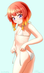  aqua_background bikini bob_cut braid etorofu_(kancolle) female flat_chest gradient_hair kantai_collection looking_down multicolored_hair one-hour_drawing_challenge orange_hair purple_eyes ray.s red_hair short_hair side-tie_bikini_bottom side_braid solo swimsuit thick_eyebrows twin_braids untied_bikini white_bikini 