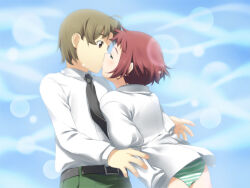  1boy ahoge amputee armless_amputee artist_request belt black_belt black_necktie blush bottomless brown_eyes brown_hair collared_shirt double_amputee female game_cg green_pants katawa_shoujo kissing lens_flare long_sleeves nakai_hisao necktie non-web_source official_art panties pants red_hair school_uniform shirt short_hair sleeve_tied_shut spoilers striped_clothes striped_panties tezuka_rin underwear very_short_hair white_shirt yamaku_high_school_uniform 