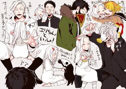  2girls 4boys bandage blonde_hair boku_no_hero_academia cardigan chisaki_kai closed_eyes eri_(boku_no_hero_academia) grey_hair hari_kurono horn hug joi_irinaka messy_hair multiple_boys multiple_girls pink_eyes serafuku shigaraki_tomura toga_himiko white_hair 