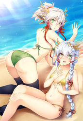  2girls :o absurdres all_fours arched_back ass bare_arms bare_legs bare_shoulders beach bikini black_legwear blue_hair blush braid breasts cleavage collarbone commentary_request day embarrassed eyes_visible_through_hair facial_mark fingernails flower_knot from_above front-tie_bikini_top front-tie_top green_bikini green_eyes hair_between_eyes hair_ornament hair_ribbon hair_scrunchie halterneck hand_on_own_chest hand_up headgear heterochromia highres kaede_(p&amp;d) knees_up light_blue_hair light_rays long_hair looking_at_viewer looking_back medium_breasts momiji_(p&amp;d) multicolored_hair multiple_girls navel ocean oerba_yun_fang on_ground open_mouth outdoors pointy_ears ponytail puzzle_&amp;_dragons red_ribbon red_scrunchie ribbon samoore scrunchie shadow shiny_skin short_ponytail side-tie_bikini_bottom side_braid sidelocks silver_hair single_braid sitting small_breasts sparkle stomach string_bikini sunlight swimsuit thighhighs tress_ribbon tsurime two-tone_hair whisker_markings yellow_bikini yellow_eyes 