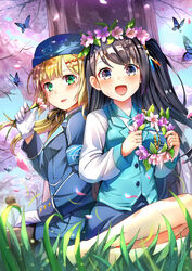  2girls :d armband black_hair blonde_hair blue_eyes blush bug butterfly commentary emilia_(krt_girls) flower green_eyes head_wreath head_wreath_removed highres himonoata krt_girls long_hair looking_at_viewer multiple_girls one_side_up open_mouth pencil_skirt skirt smile uniform vest xiao_qiong 