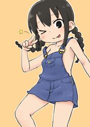  :p arm_up black_eyes braid commentary_request denim dress female highres long_hair mitsudomoe_(manga) ogata_airi one_eye_closed overall_skirt overalls short_dress smile solo strap_slip tomboo tongue tongue_out twin_braids twintails v 