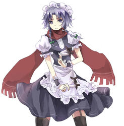  aeolus06 apron arm_garter between_fingers black_thighhighs blue_dress commentary dress female holding izayoi_sakuya knife light_purple_hair maid_headdress scarf short_hair solo thighhighs touhou waist_apron white_background wrist_cuffs 