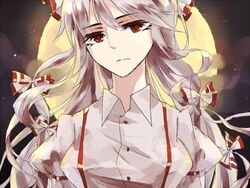  aeolus06 backlighting commentary_request expressionless female fujiwara_no_mokou full_moon grey_hair hair_ribbon moon moonlight night red_eyes ribbon solo touhou tress_ribbon upper_body 