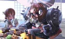  12_(xaenedju) 2girls bare_shoulders bird blush bowl breasts brown_eyes brown_hair cherry_blossoms chicken chopsticks commentary_request detached_sleeves flower food hair_flower hair_ornament hair_up inazuma_(kancolle) japanese_clothes kantai_collection large_breasts long_hair looking_at_viewer miniskirt multiple_girls oil-paper_umbrella ponytail rice school_uniform serafuku short_hair single_thighhigh sitting skirt smile thighhighs umbrella very_long_hair yamato_(kancolle) 